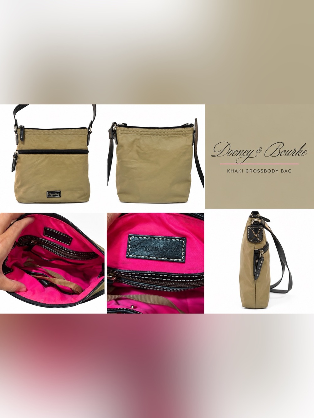 Dooney & Bourke Khaki Crossbody with Black Trim and Bright Pink Lining